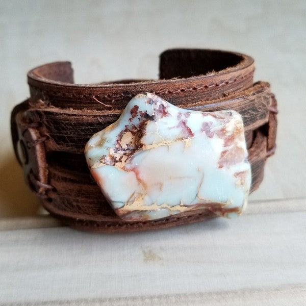 Aqua Terra Slab on Dusty Leather Cuff Bracelet