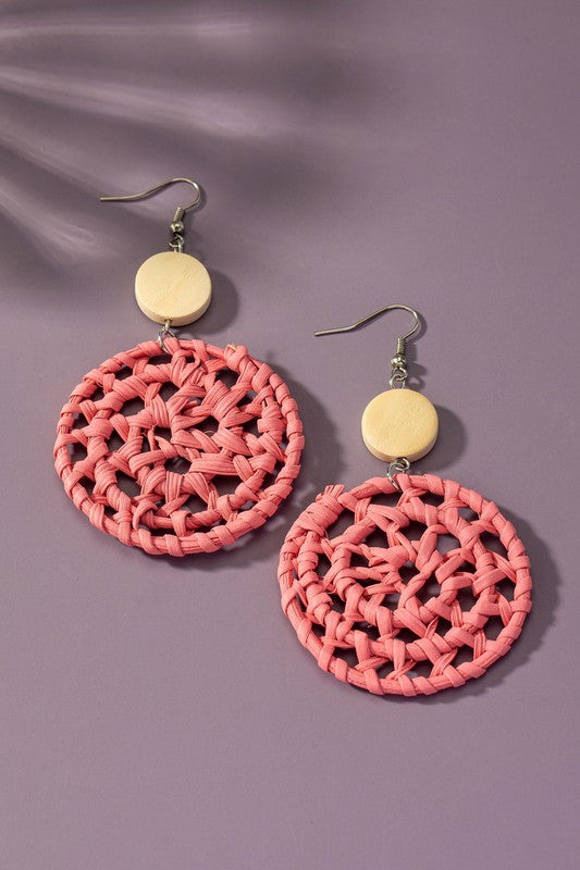 bright color rattan woven disk drop earrings