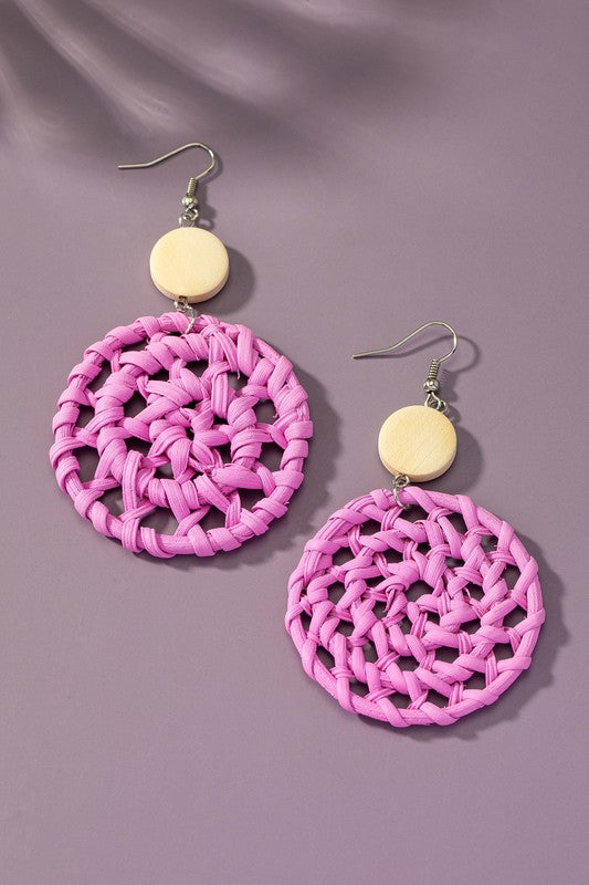 bright color rattan woven disk drop earrings