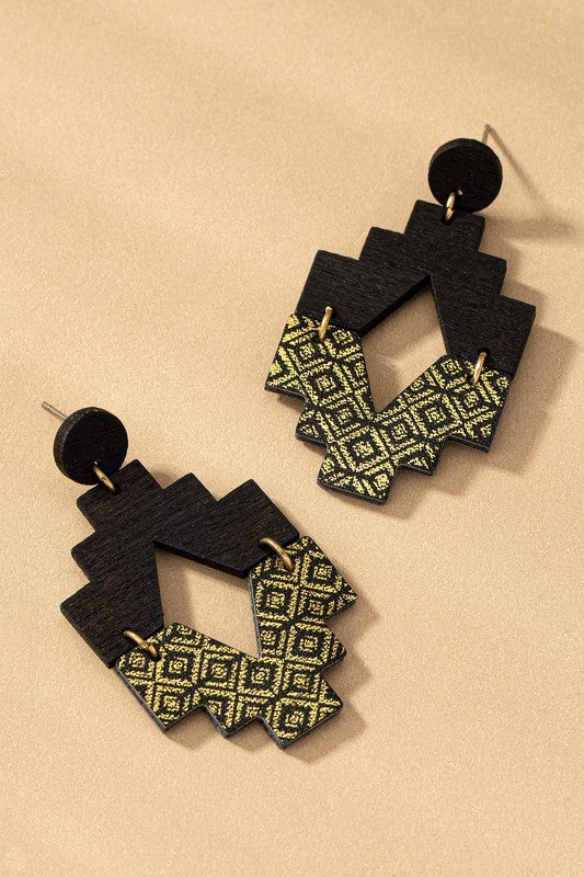 Aztec half wood half leather drop earrings