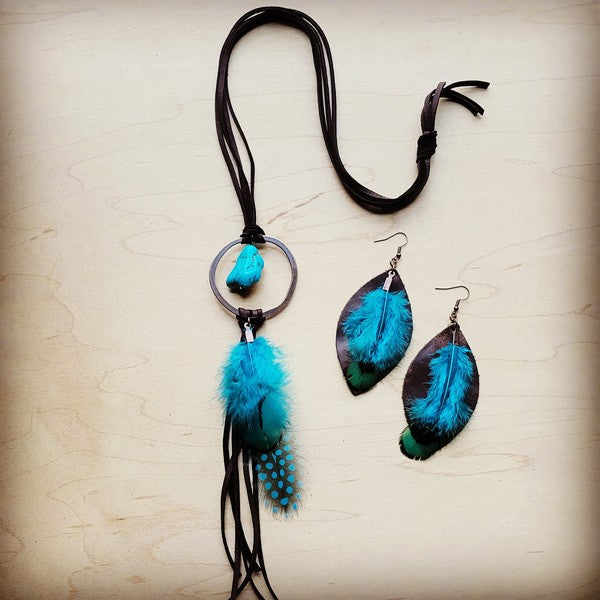 Brown Leather Necklace Turquoise Chunk & Feather