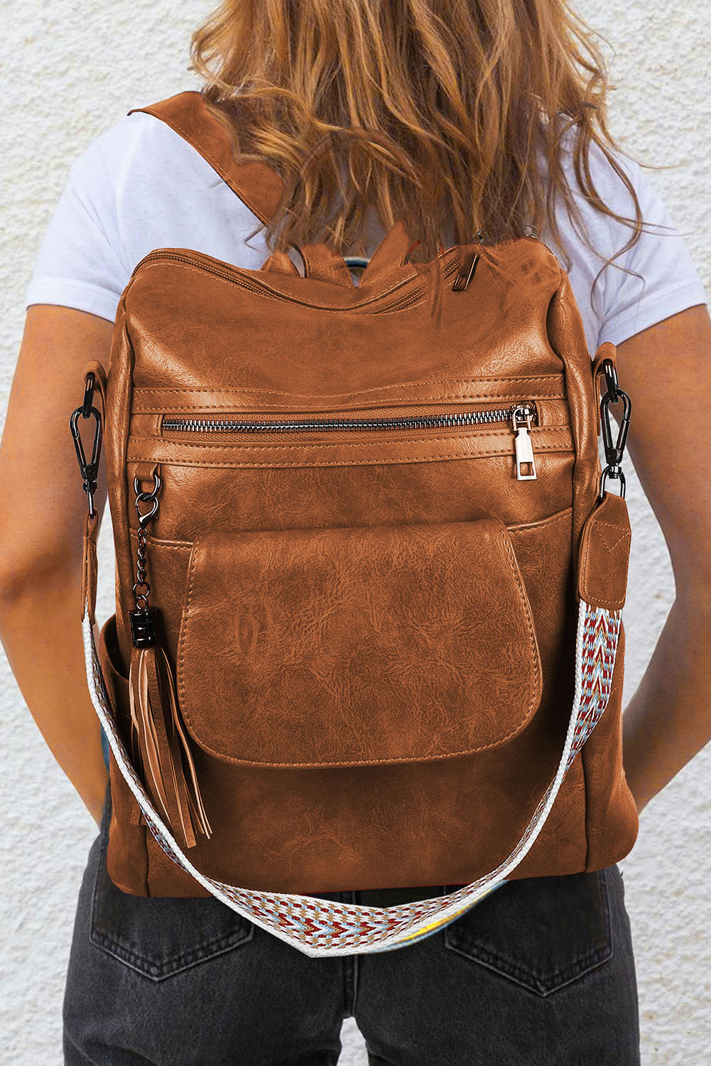 Brown Tassel Decor Retro PU Large Capacity Backpack