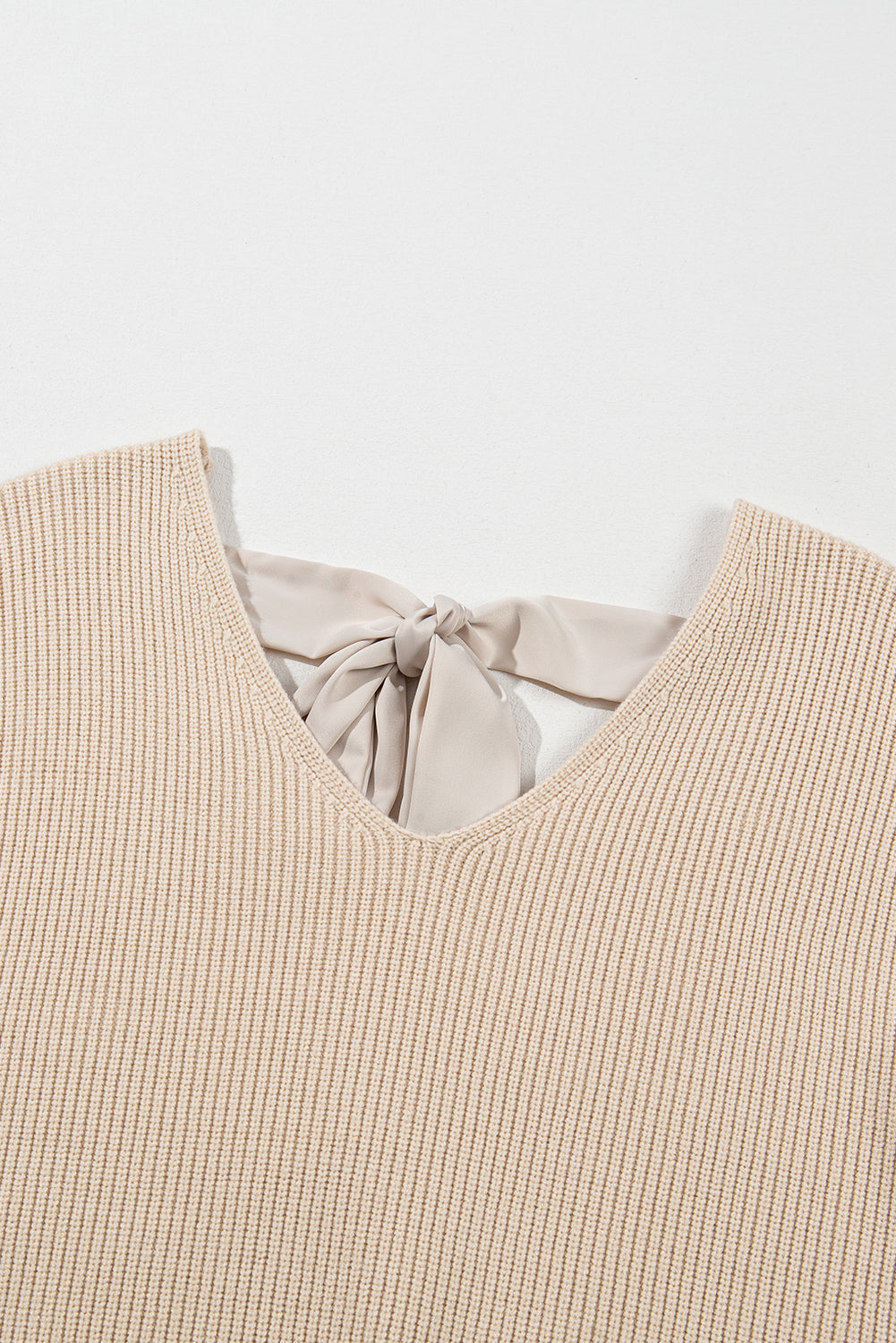 Apricot Lantern Sleeve V Neck Knot Back Sweater