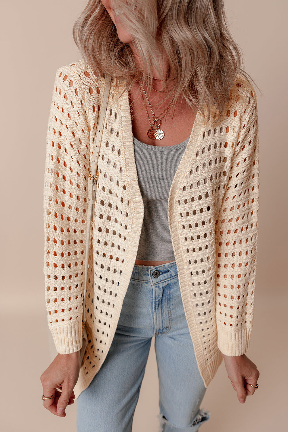 Apricot Solid Color Open Knit Duster Cardigan