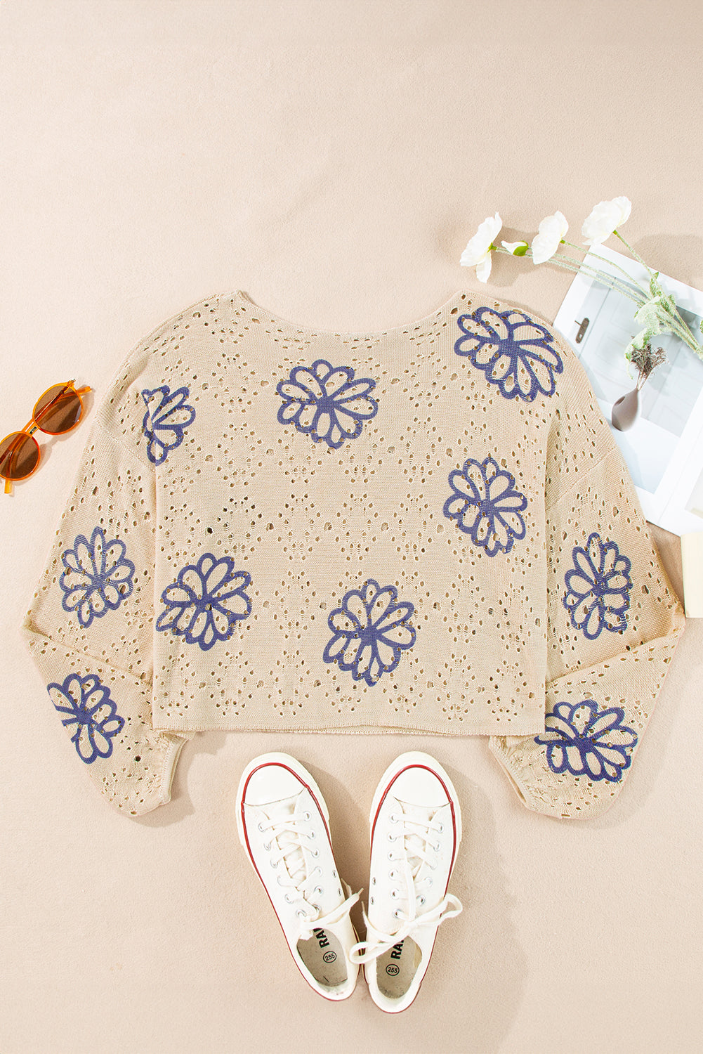 Beige Contrast Flower Print Eyelet Drop Shoulder Sweater