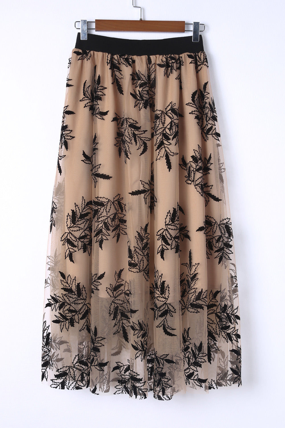 Apricot Floral Leaves Embroidered High Waist Maxi Skirt