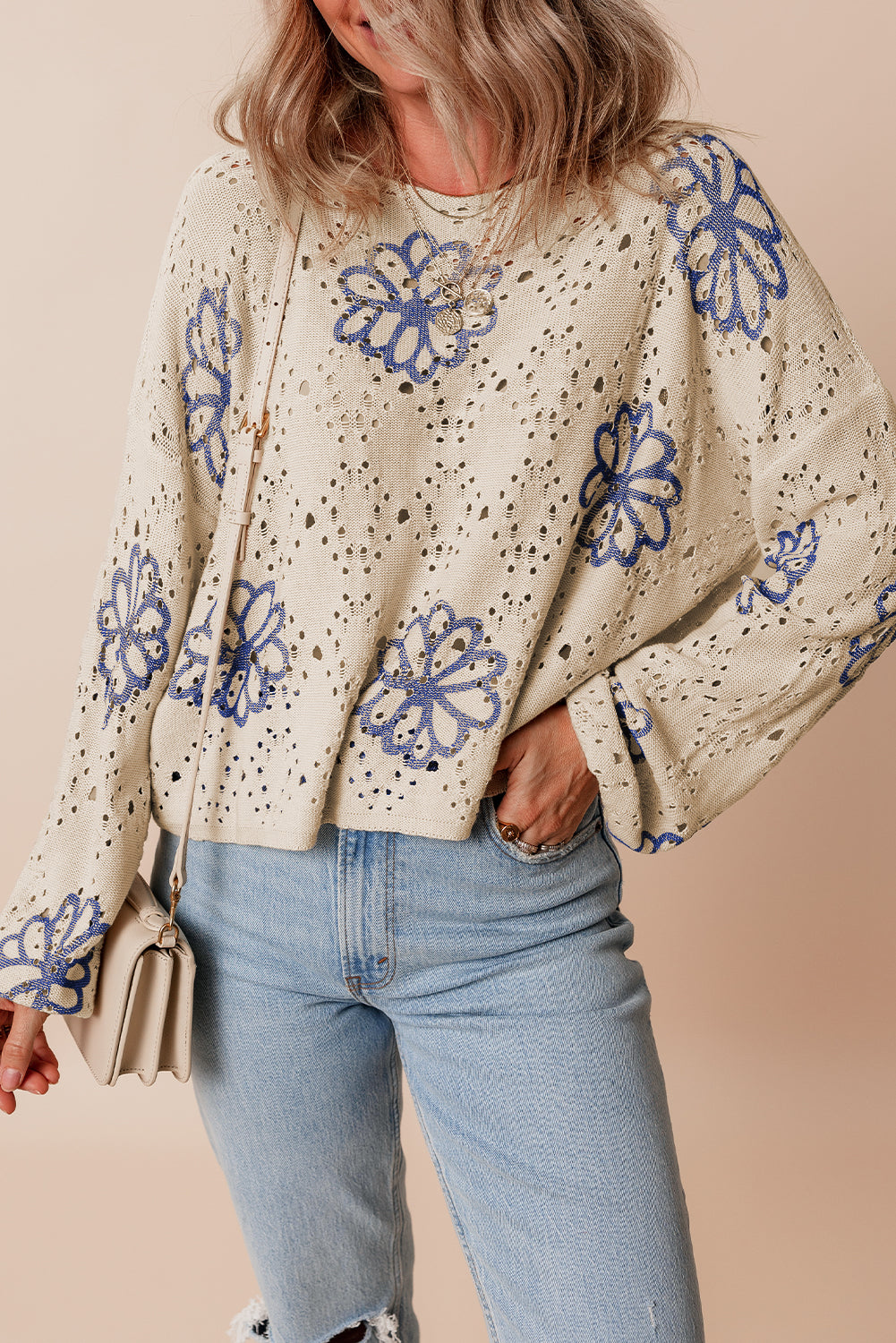 Beige Contrast Flower Print Eyelet Drop Shoulder Sweater