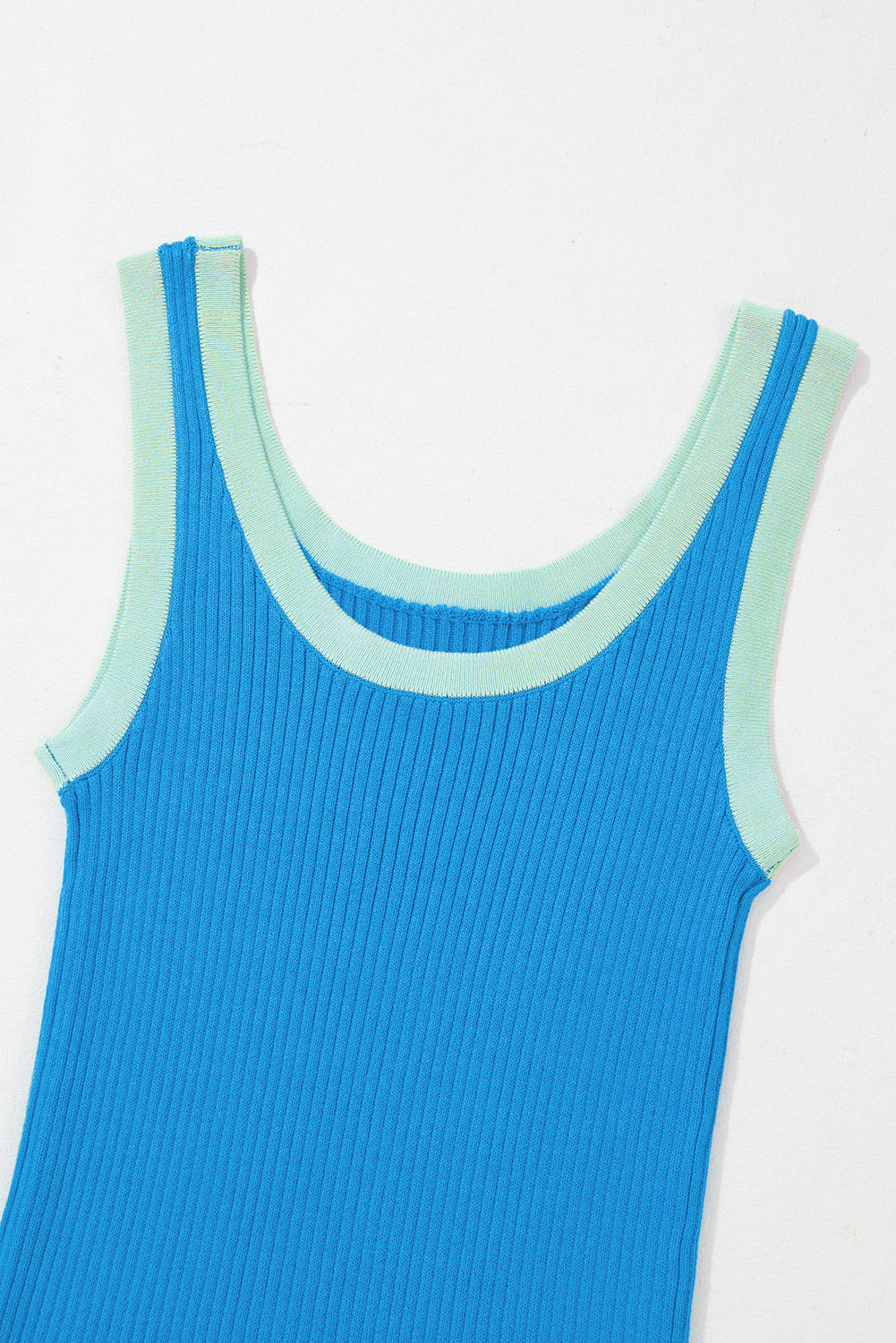 Blue Colorblock Edge Ribbed Knit U Neck Tank Top