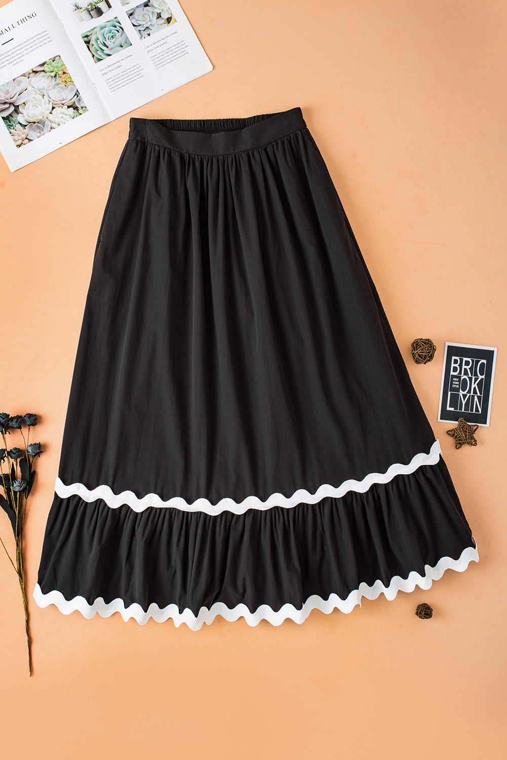 Black Ricrac Trim Colorblock High Waist Long Skirt