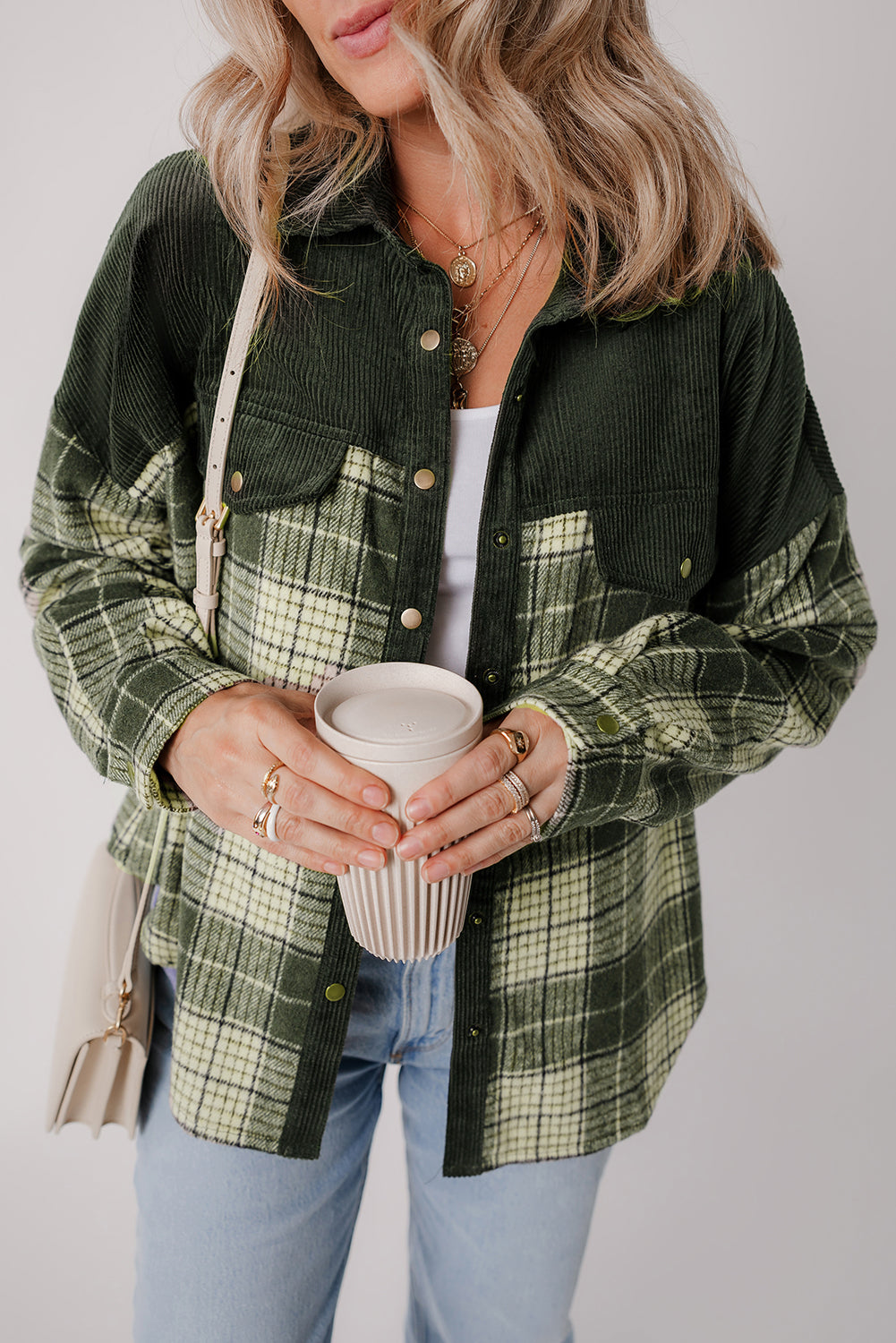 Blackish Green Snap Buttons Colorblock Plaid Shacket