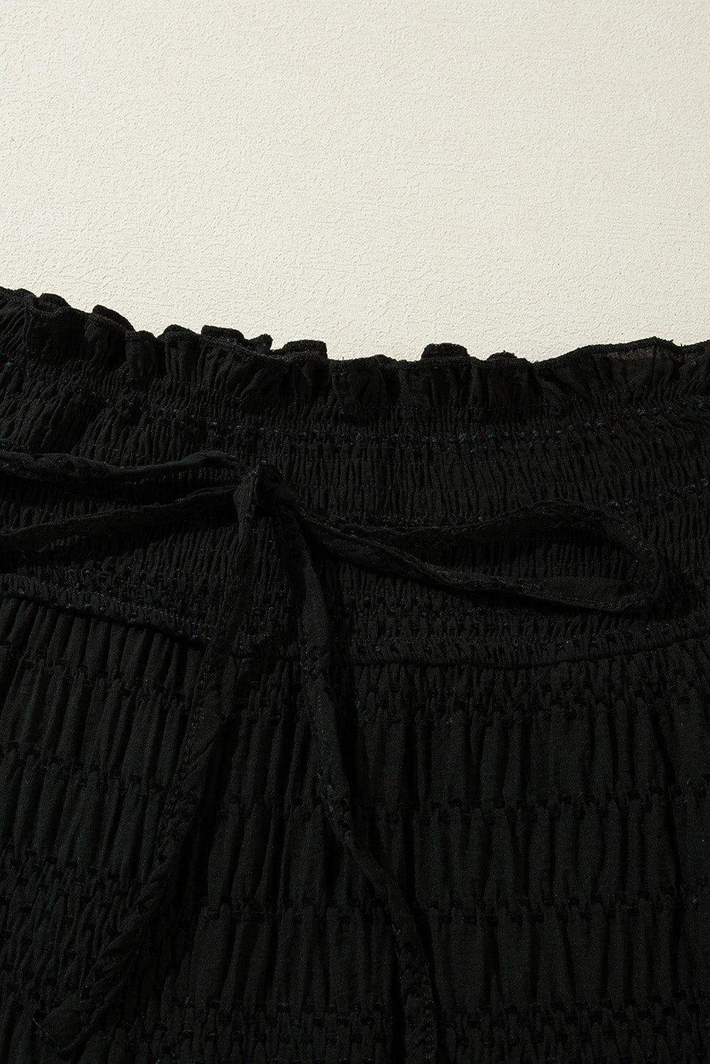 Black Textured Wide Smocked Waist Loose Pants