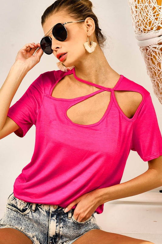 Cutout Asymmetrical Neck Short Sleeve T-Shirt