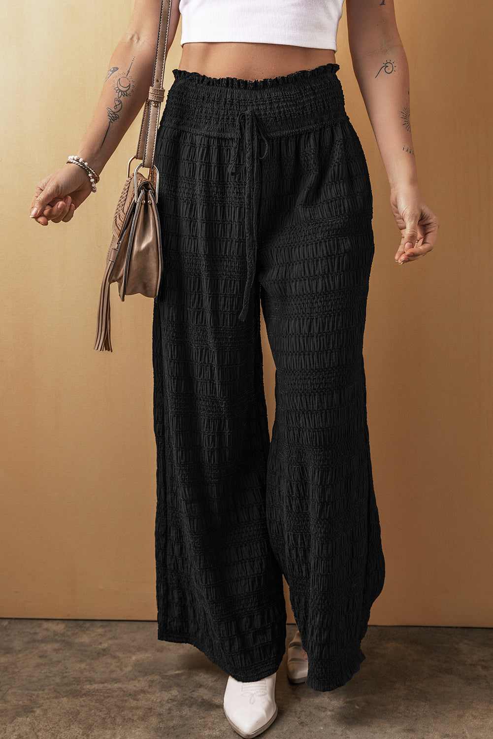 Black Textured Wide Smocked Waist Loose Pants