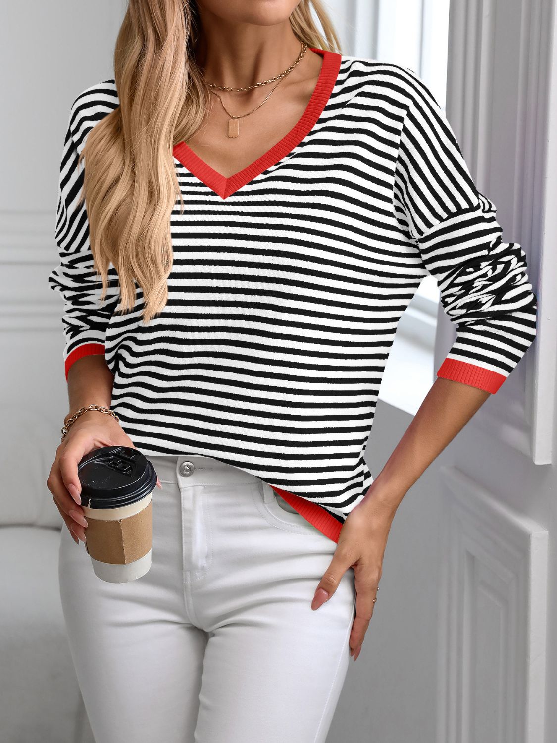 Contrast Trim Striped V-Neck Long Sleeve Knit Top