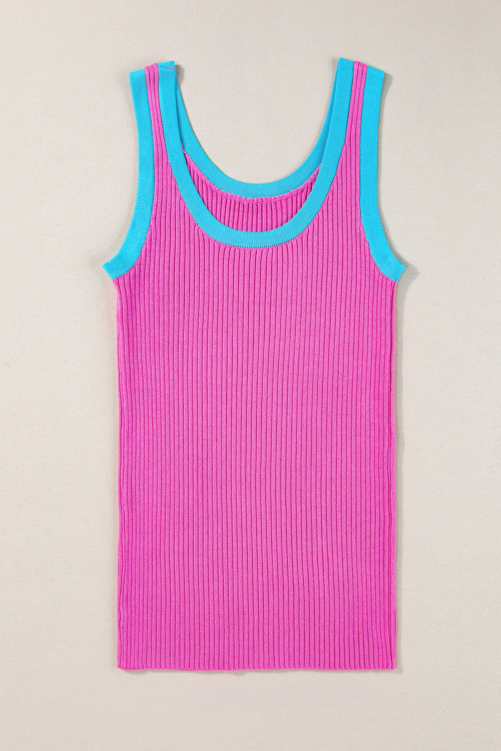 Bright Pink Colorblock Edge Ribbed Knit U Neck Tank Top